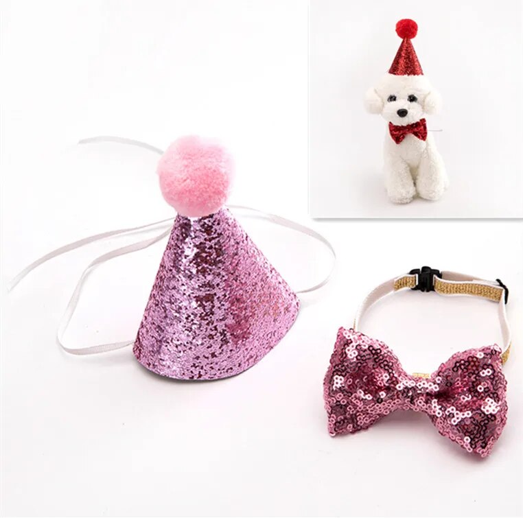 New 2Pcs/set Pet Dogs Caps With Bowknot Cat Dog Birthday Costume Sequin Design Headwear Cap Hat Christmas Party Pets Accessories