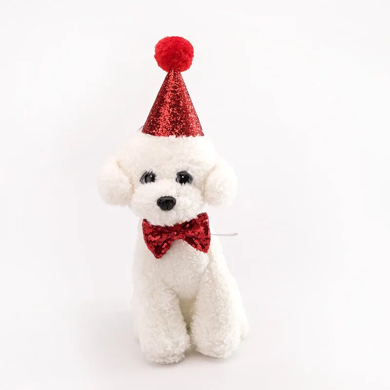 New 2Pcs/set Pet Dogs Caps With Bowknot Cat Dog Birthday Costume Sequin Design Headwear Cap Hat Christmas Party Pets Accessories